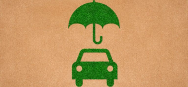 An illustration of a green car with a green umbrella over top of it, on a light brown background.